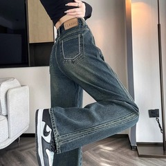 レトロな広脚のジーパンの女性の春秋の新型の小さい背の狭い版の高腰はやせているまっすぐな筒のカジュアルなモップのズボンの女性を現します。