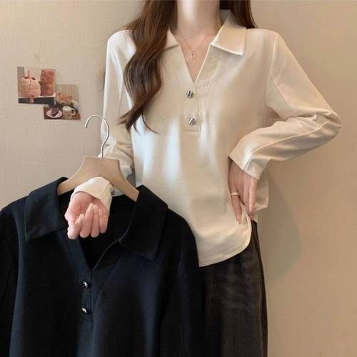 2025 New Design Polo Long-Sleeve T-Shirt for Women - Summer Slim Fit Top, Square Shoulder, Casual V-Neck T-Shirt, Outerwear Trendy