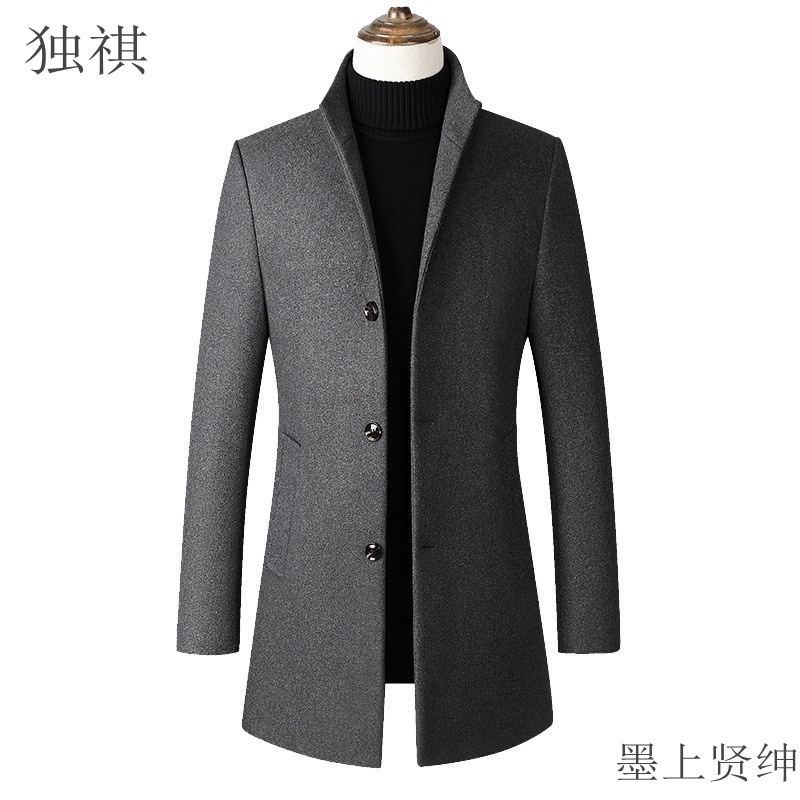 跨境秋冬外贸男士中长款单排扣风衣欧美纯色简约立领呢料大衣外套