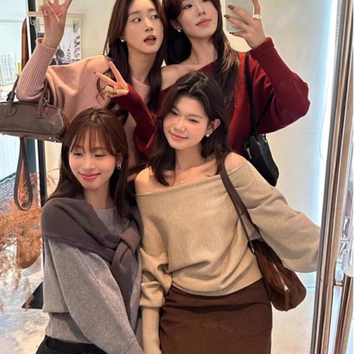 Lemon green tea gentle one-shoulder pullover sweater women's autumn and winter Korean temperament long-sleeved sweater
