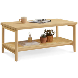 Double-Layer Coffee Table, Living Room Dining Table Rectangular Center Table with Pvc Rattan Storage Shelf, Easy to Assemble