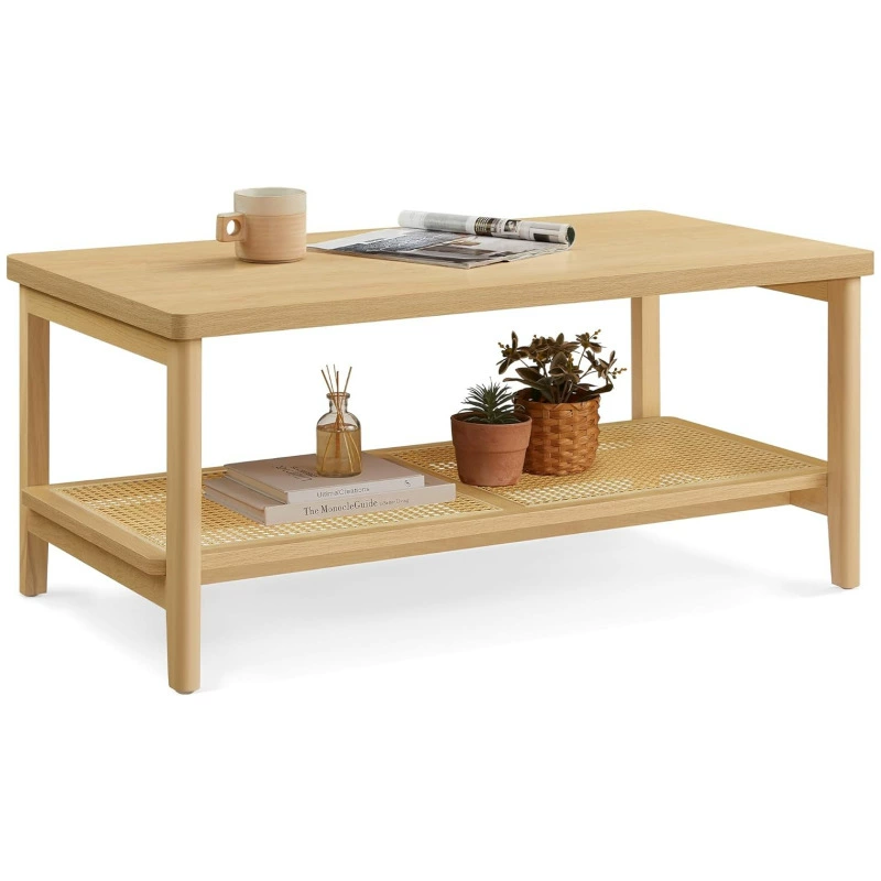 Двухслойный журнальный столик, обеденный стол для гостиной, прямоугольный центральный стол с полкой для хранения из ПВХ-ротанга, легко собрать