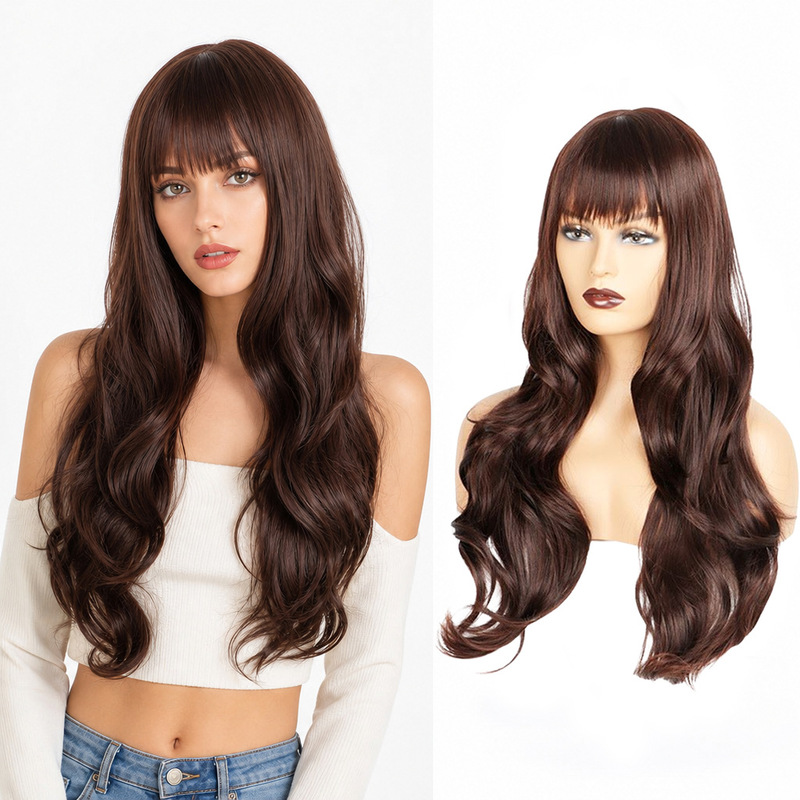Cross-border European and American women's full head wig, black long wavy hair with bangs, high-temperature fiber full headpiece Cross-border European and American women's full head wig, black long wavy hair with bangs, high-temperature fiber full headpiece
