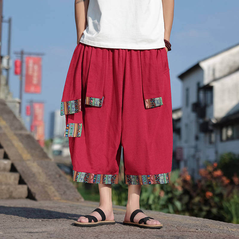 Spring and Summer 2025 New Chinese Style Men's Ethnic Style Chinese Cotton and Linen Loose Large Crotch Dance Wide Leg Cropped Pants
