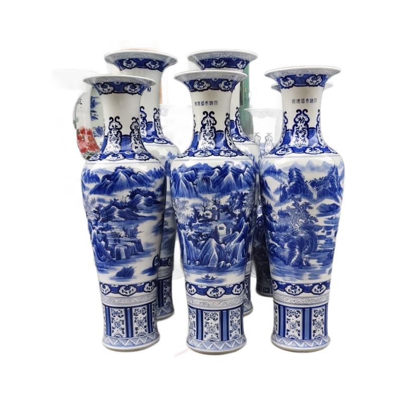 Decoración de cerámica vasos pintados a mano esmaltado porcelana azul colorido paisaje ramas de lotus aterrizaje gran vasos Guanyin vasos grandes ornamentos