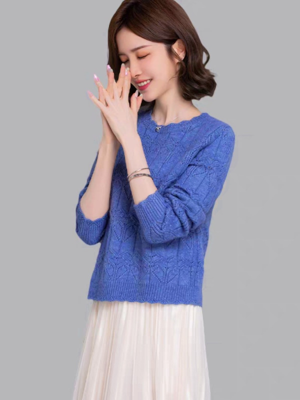 三股包芯纱早春提花镂空针织衫女秋季新款套头长袖打底毛衣上衣潮|undefined