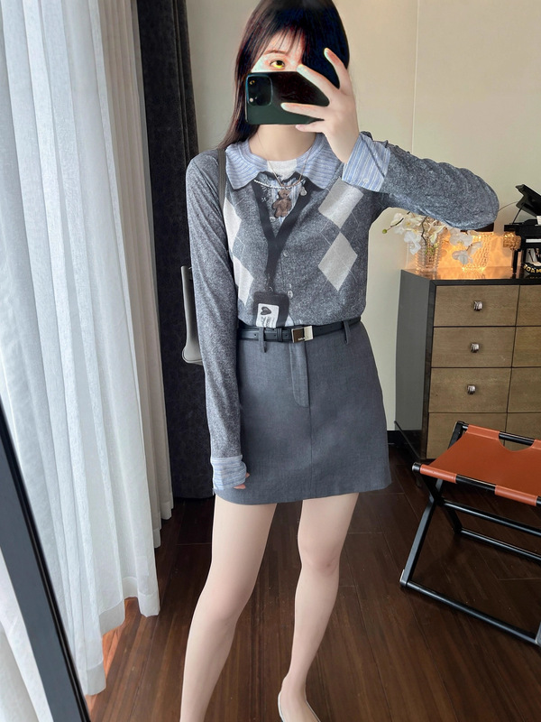 ASBR设计师买手店 元C~假两件打底衫25秋新款趣味3D印花工牌菱格|undefined