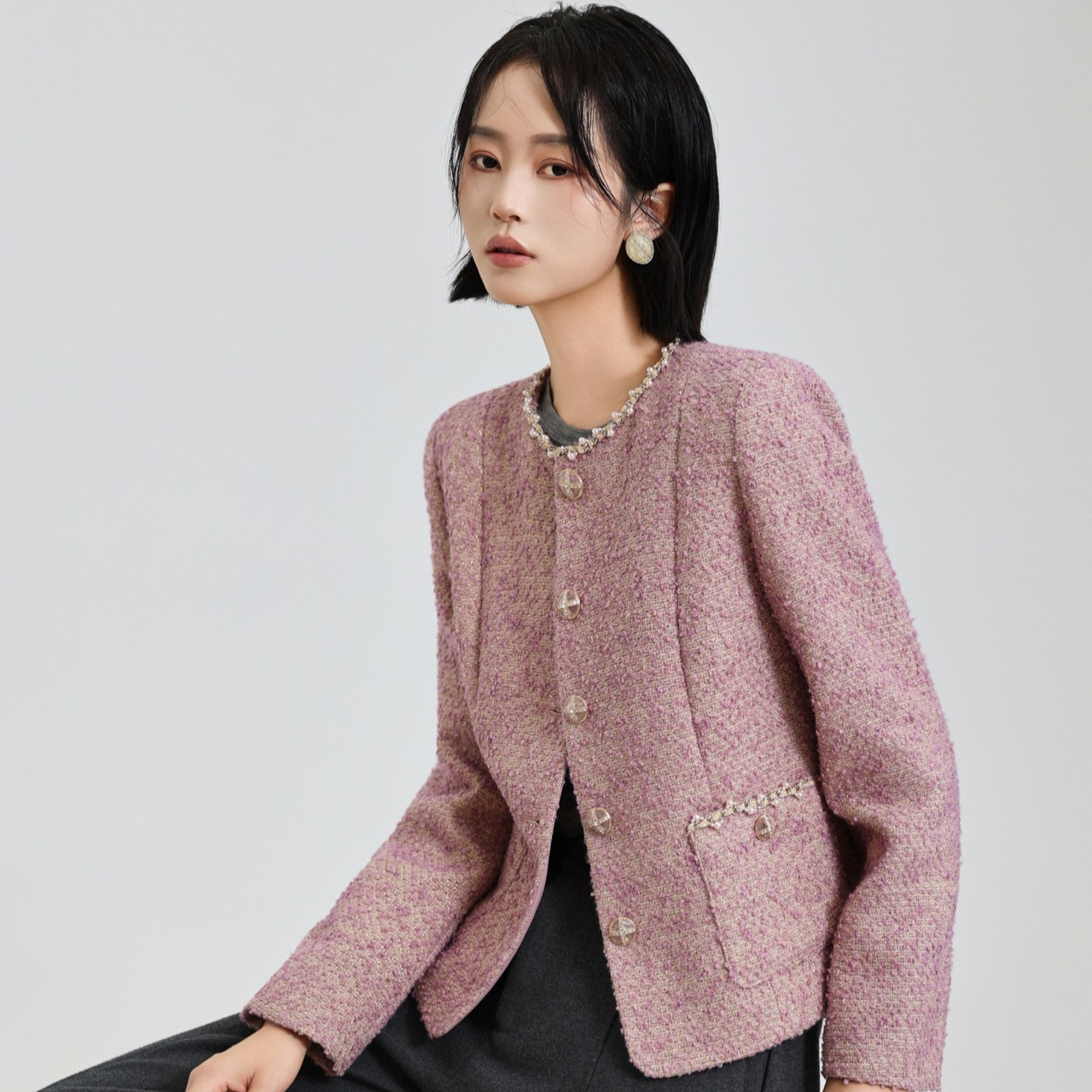 Tweed Style Pink Tweed Short Jacket for Women, Round Neck Pearl Buttons, Ladylike Style Autum Versatile Top