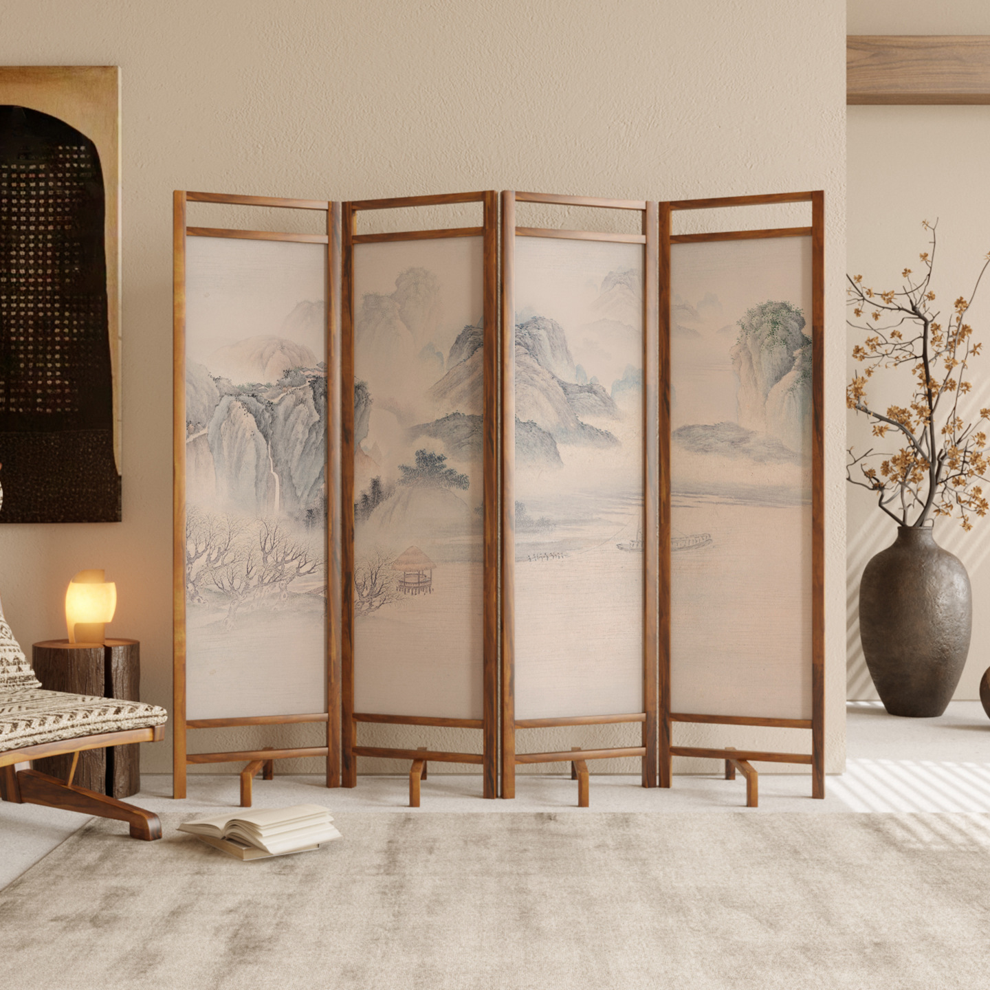 New Chinese Style Solid Wood Screen Partition Office Hotel Tea Room Landscape Folding Screen Removable Background Wall