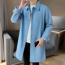 牛仔风衣新款浅蓝色男士外套春秋季2025青年男休闲大码中长款风衣