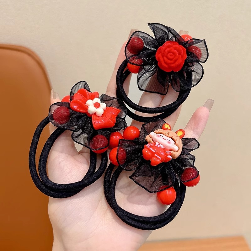 Hijo de malla roja flores anillo de cabello para niños de alta elasticidad arco cabello para niñas lindas correa de goma duradera