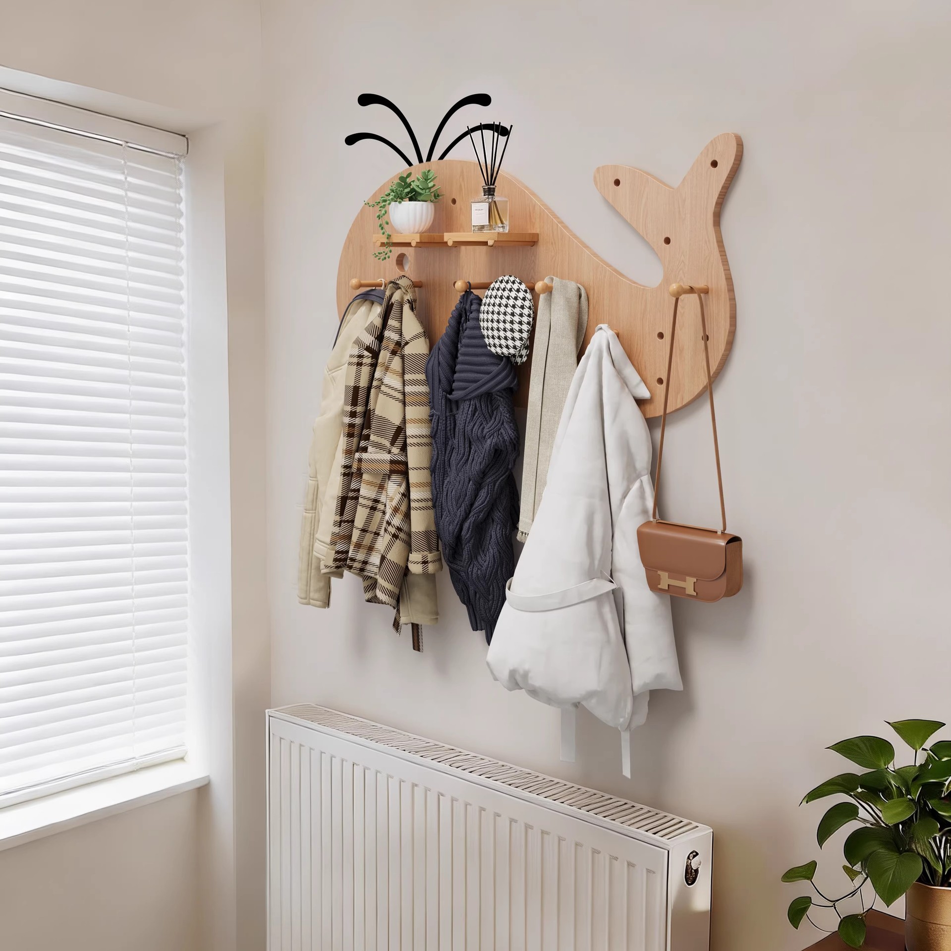 tronco viento madera sólida agujero tablero de agujero forma de ballena colgar percha de ropa radiador en la pared superior de la pared de almacenamiento de estantes