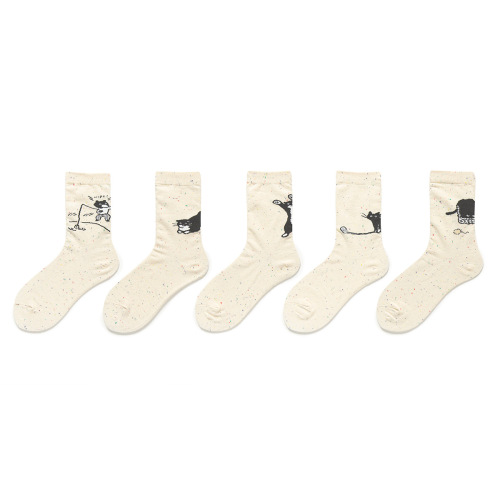 Idea yarn cat women's spring and autumn style Japanese cute cartoon pattern student mid-calf socks versatile fashion