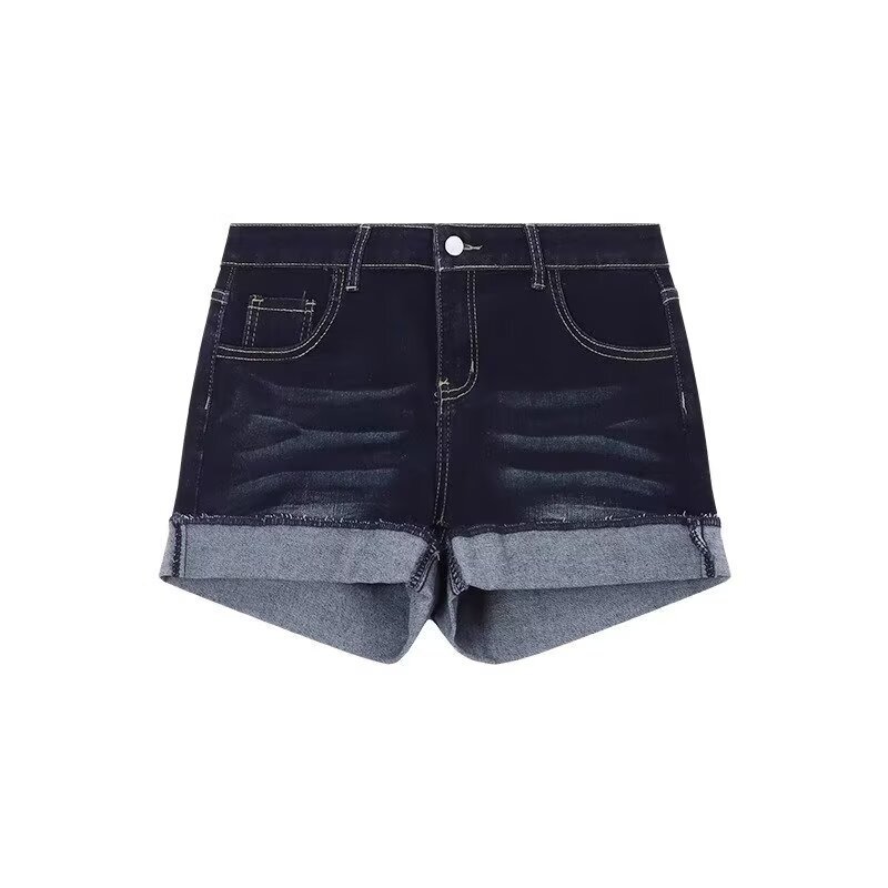 American Dark Blue Denim Shorts for Women 2025 Summer New Fat mm Low Waist Slim Hot Girl Curled A-Line Shorts