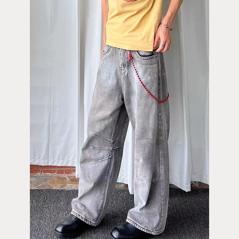 American Vintage Heavy Wash Light Gray Faded Jeans Unisex High Street Loose Fit Wide Leg Straight Pants_mkmklike.com