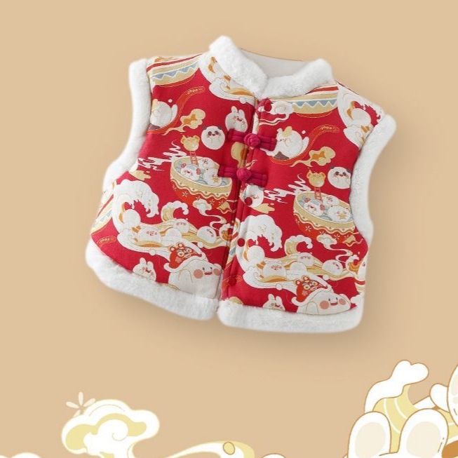Stylish winter vest for boys and girls, trendy and unique Chinese style red New Year vest for children.