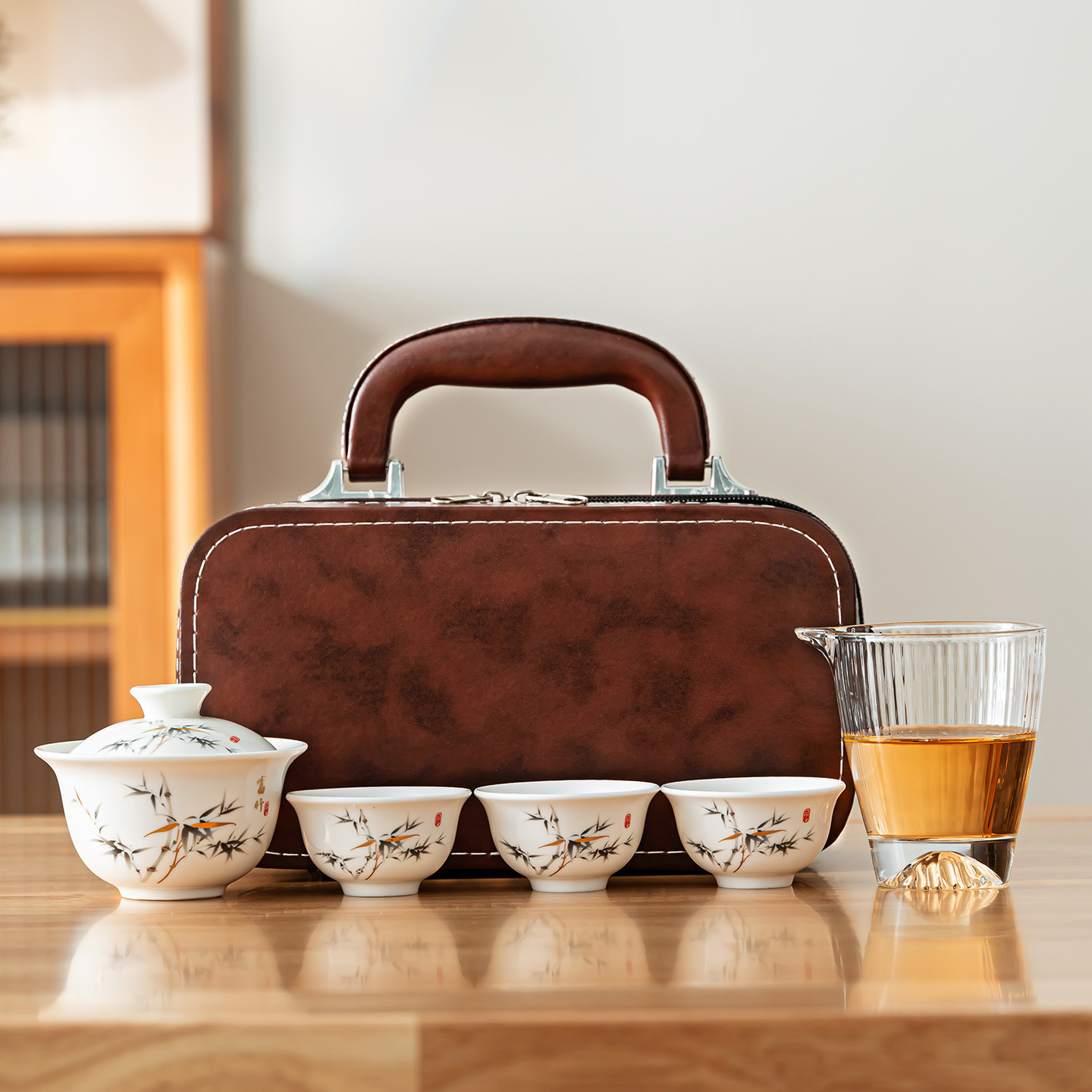 Jade Travel Tea Set Portable Ceramic Teapot with Lid Bowl Outdoor White Porcelain Tea Cup Travel Carrying Bag