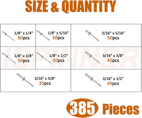 385pcs Aluminum alloy open type flat round head blind rivets M3.2M4 boxed set