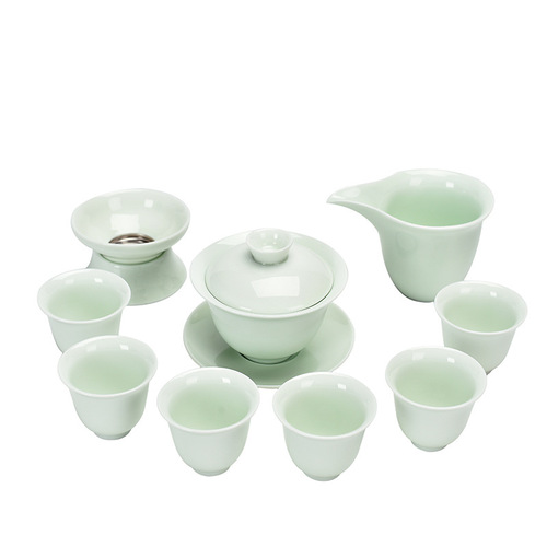 Wholesale Opening Gift Gongfu Tea Set with Logo Printing, Home Use, Milky White Ceramic Three Talents Cover Bowl Tea Pot Complete Set