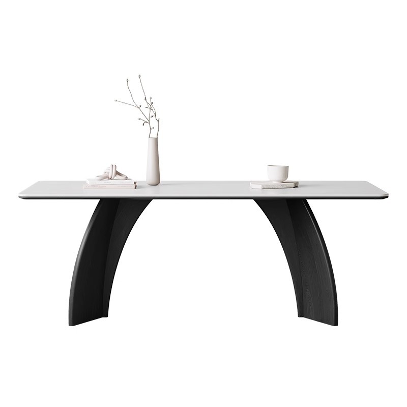 Mesa de comedor de tablero de roca blanca pura retro francesa Mesa de comedor para el hogar de madera blanca minimalista moderna Mesa de comedor rectangular de madera maciza negra