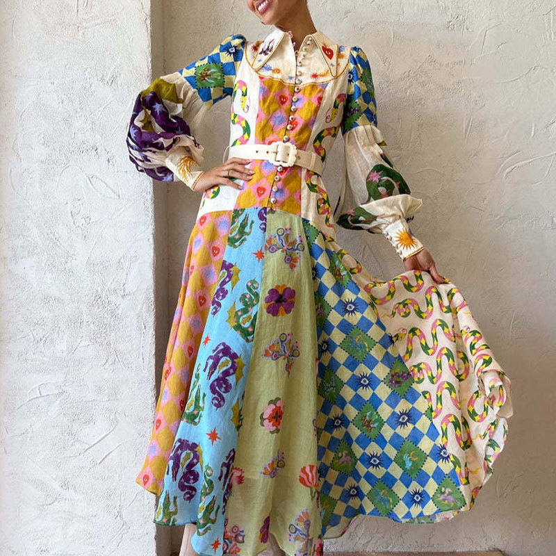 Age Style Retro dress Foreign Trade Four Seasons Women's Clothing Niche Characteristic Lantern Sleeve Tight Waist Cross-Century Long Dress