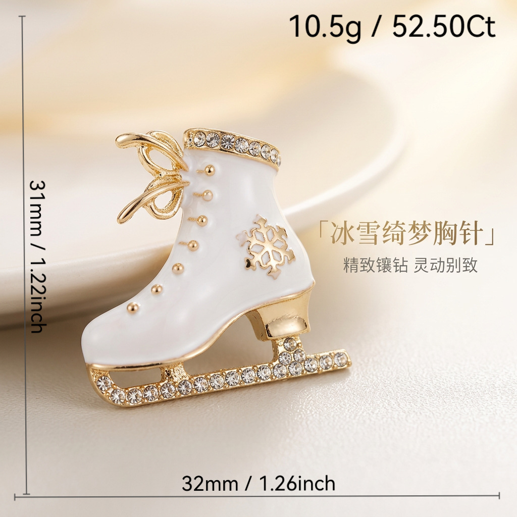 Winter ice skate brooch, enamel and rhinestone snowflake pin, Christmas coat and sweater accessory, a unique gift