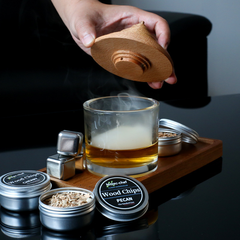 Cóctel de madera de comercio exterior transfronterizo tapa de ahumador mezclador de whisky personalizado juego completo de ahumado de madera