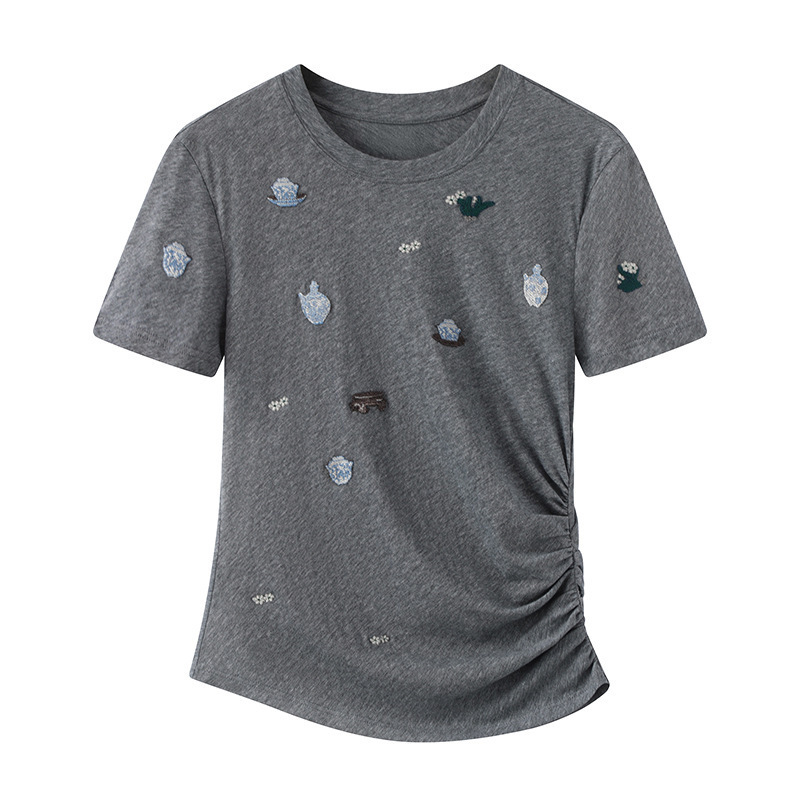 2025 新しい夏の女性のカジュアル多用途ヘビーデューティ刺繍ラウンドネック半袖 Tシャツトップス女性 2J2B352|undefined