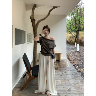 Plus Size Women's Summer New Style Lazy Slanted Shoulder T-Shirt Women's Design Top Wide Leg Pants Suit