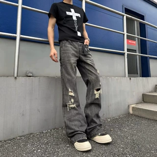 现货韩国gateless韩素希同款水洗破洞猫须设计师韩版直筒牛仔裤女