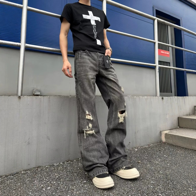 In-Stock Korean Gateless Han So-Hee Style Washed Distressed Whiskered Designer Korean Straight-Leg Jeans for Women