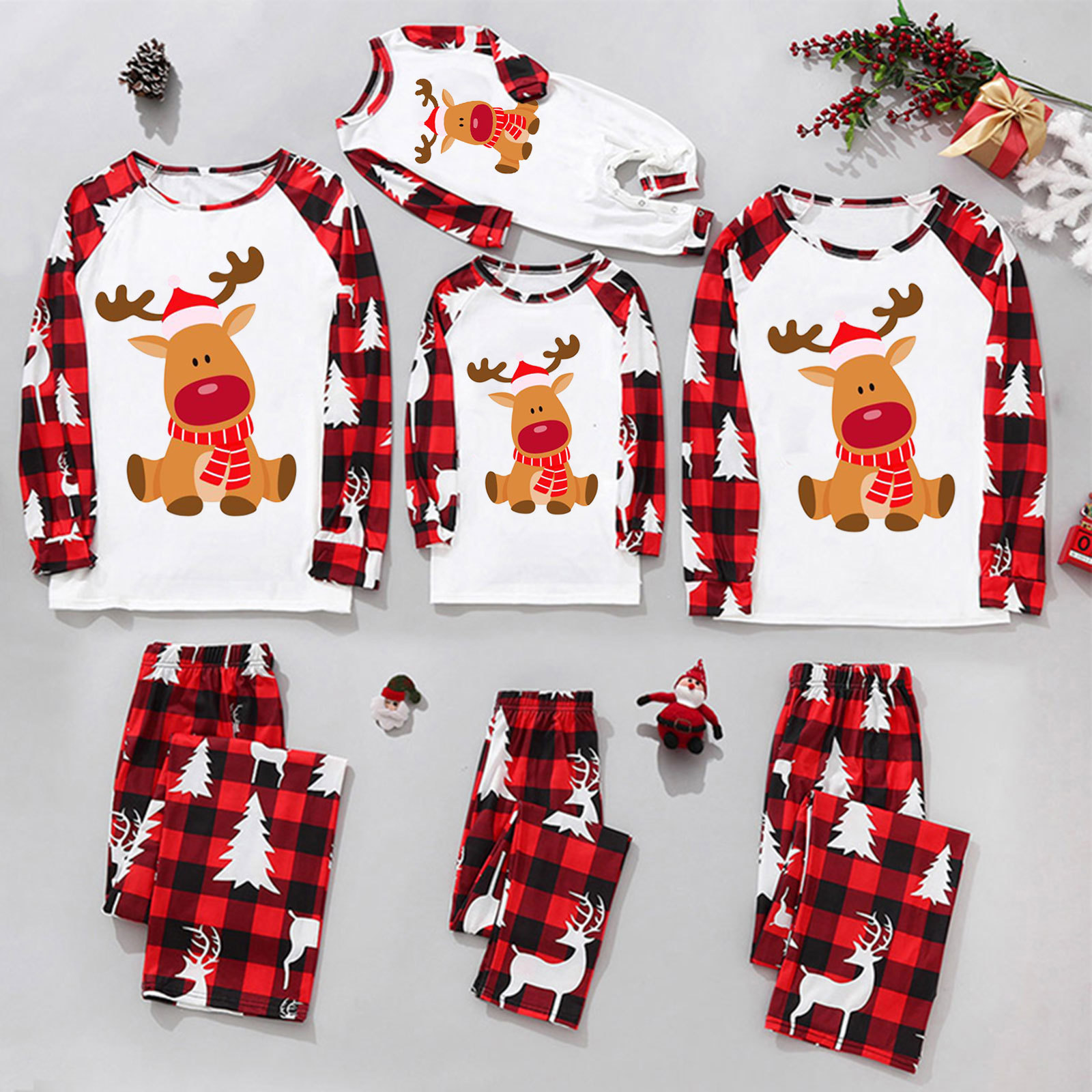 Casual Christmas Tree Plaid Elk Cotton Polyester Pants Sets Straight Pants Blouse Family Matching Outfits display picture 3