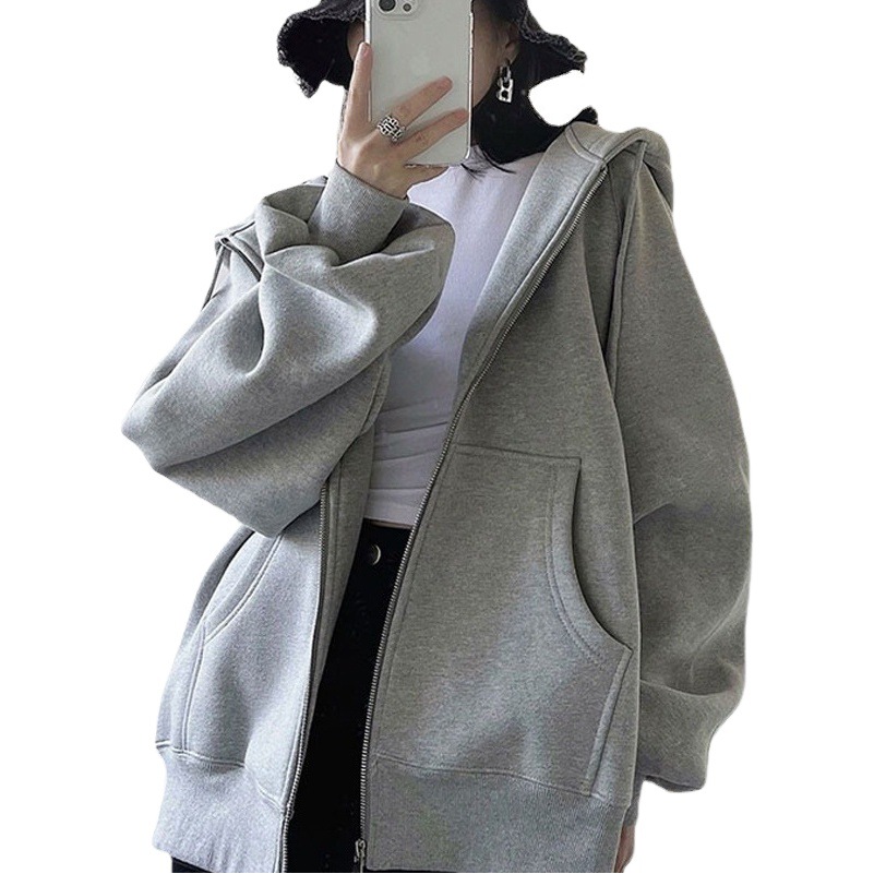 Solid Color Cardigan Sweatshirt Jacket for Women 2026 Hot Style Autumn and Winter Fleece-Lined American Retro Lazy Style Hooded Loose Top
