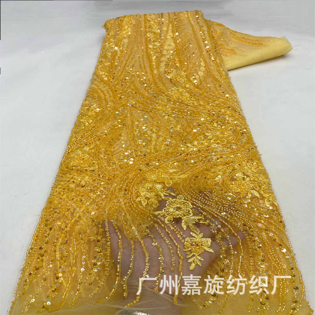 Pequeño tubo de vidrio largo denso taladro bordado tela de malla de rayas vestido de noche africano vestido de boda tela bordada de moda