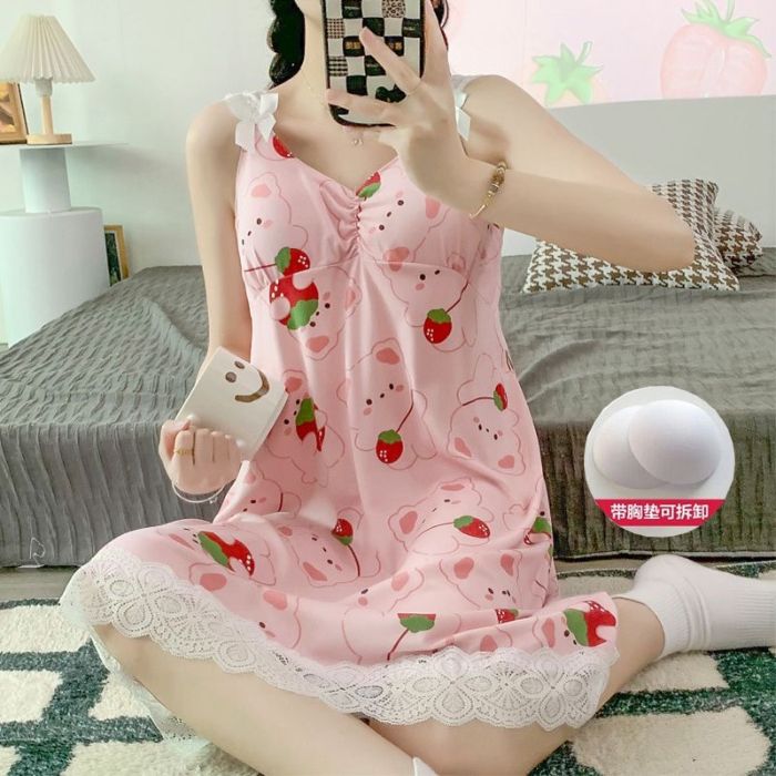 Pijamas al por mayor transfronterizos para mujer de encaje de verano con almohadilla para el pecho para mujer vestido de honda suelto simple para mujer camisón