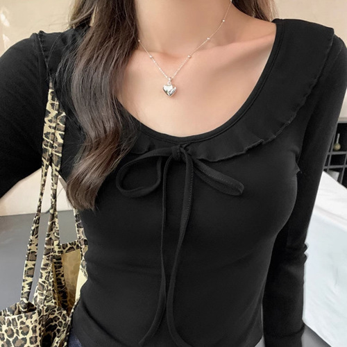 Women's Spring Collarless Blouse with Lotus Leaf Collar, Button Bandeau Long-Sleeve Top, Casual Inner Shirt, Waist-Catching Short-Sleeve Blouse