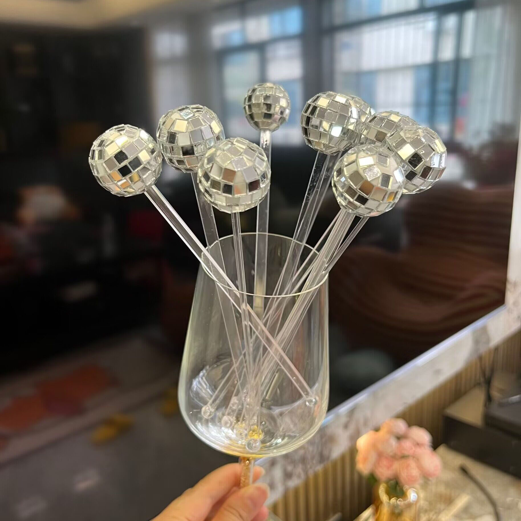 Disco transfronterizo bola cóctel pajita varilla para mezclar bola de espejo plateado diseño de ambiente de fiesta temática