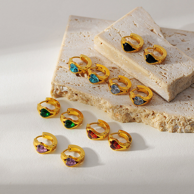 European and American Personalized Purple Zircon Green Glass Heart-Shaped Peach Heart Embossed Accessible Luxury Non-Fading Titanium Steel 18K Gold Women's Earrings European and American Personalized Purple Zircon Green Glass Heart-Shaped Peach Heart Embossed Accessible Luxury Non-Fading Titanium Steel 18K Gold Women's Earrings