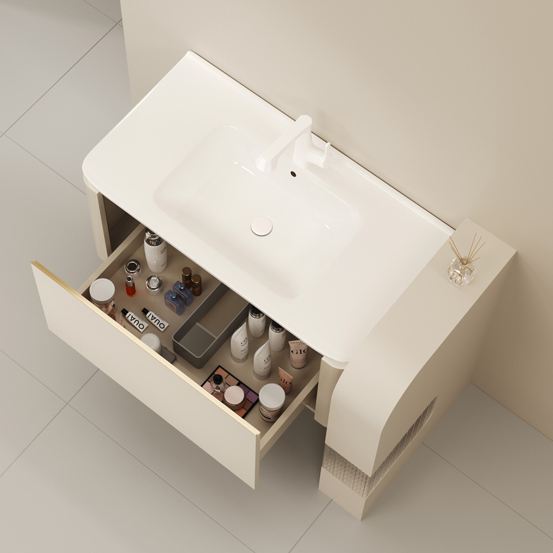 Cerámica integral cuenca crema viento inodoro de madera sólida gabinete de baño combinación lavabo lavabo cara espejo inteligente gabinete lavabo