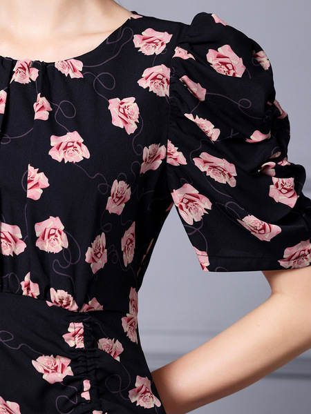 Bubble sleeve pleated waistband irregular floral wrap hip skirt 2024 summer