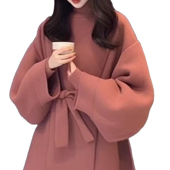 粉色毛呢大衣外套女秋冬高级感小个子斗篷休闲气质中长款韩系上衣|undefined