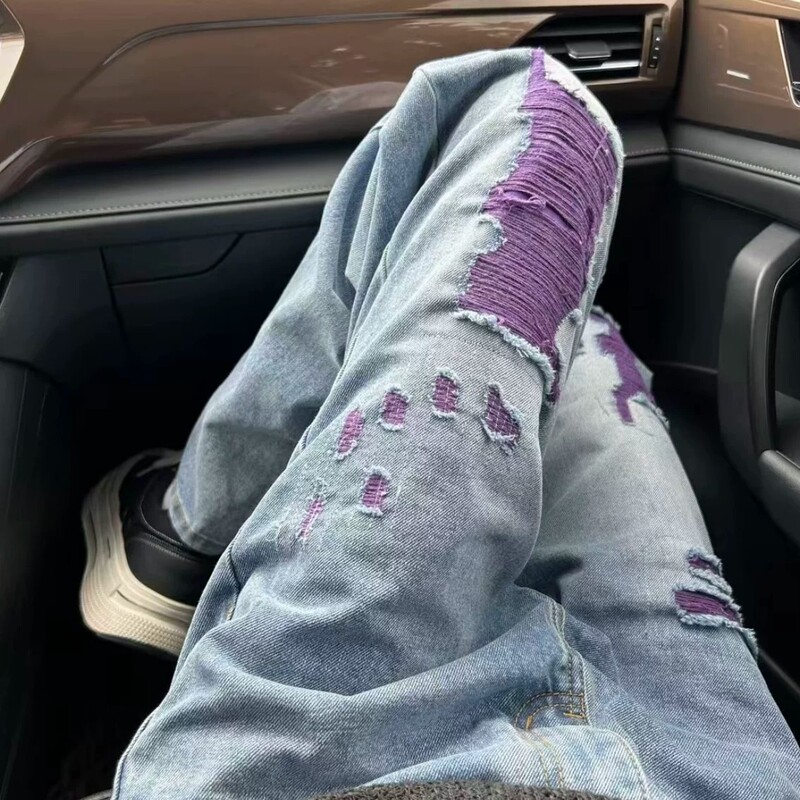 2026 Spring/Summer Vibe Trendy Brand Cool Purple Ripped Jeans for Men, Loose Straight American Street Style Wide-Leg Pants 2026 Spring/Summer Vibe Trendy Brand Cool Purple Ripped Jeans for Men, Loose Straight American Street Style Wide-Leg Pants