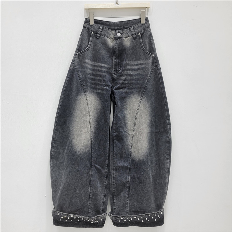 Vintage americano jeans de piernas anchas para mujeres 2026 primavera nuevo suelto pantalones rectos con cuentas de clavado pantalones casuales