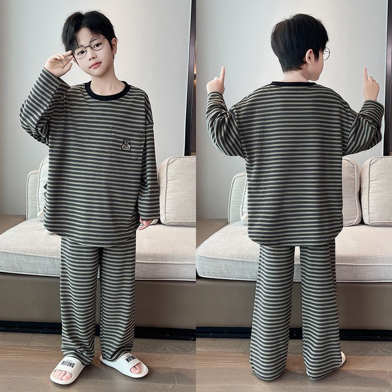 Manufacturer Wholesale Boys' Pajamas Cotton Long-Sleeved Autumn and Winter Children's Medium and Large Children's Striped Autumn Clothes and Long Pants Home Clothes Set