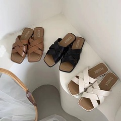 Foreign trade woven sandals for women for summer wear 2024 summer new style cross square toe open toe flat Roman beach shoes