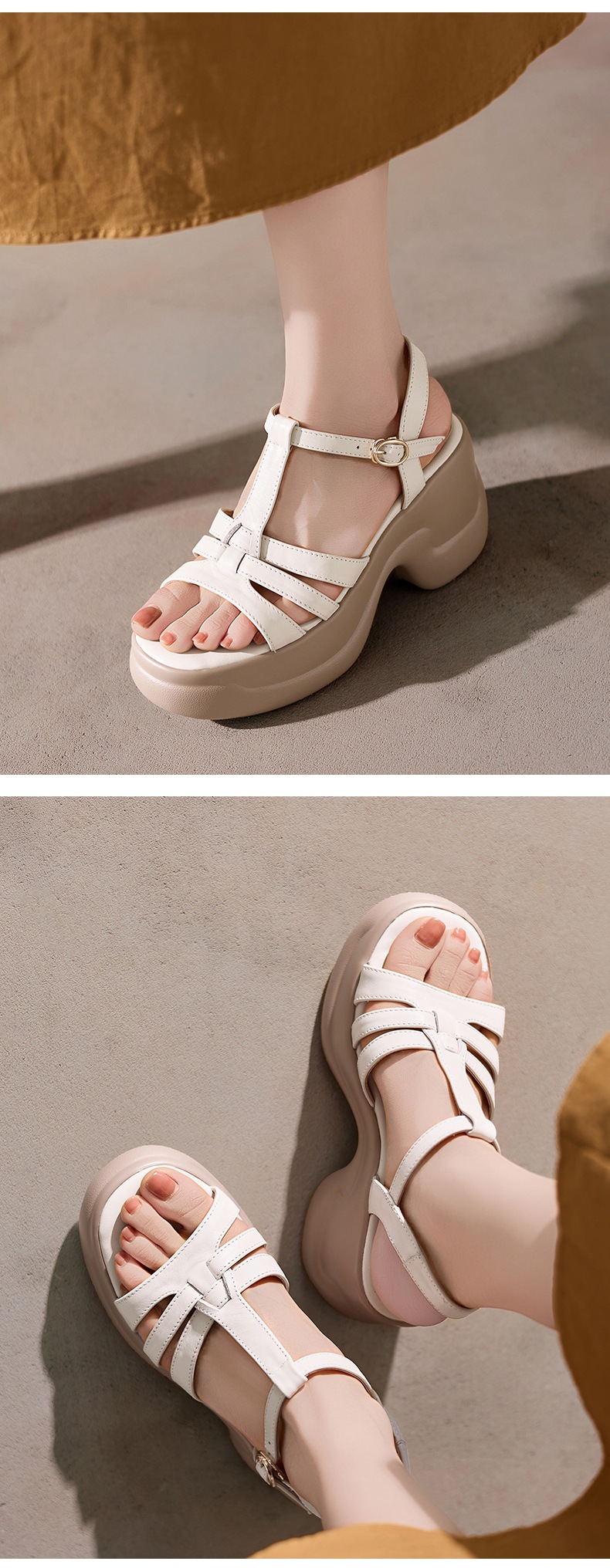 Sandal nữ hở mũi da bò thật gót xuồng đế dày quai chữ T — màu trắng ngà chi tiết 7