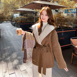 两面穿高级感双面羊绒大衣女2025冬复古慵懒松弛感连帽羊毛呢外套