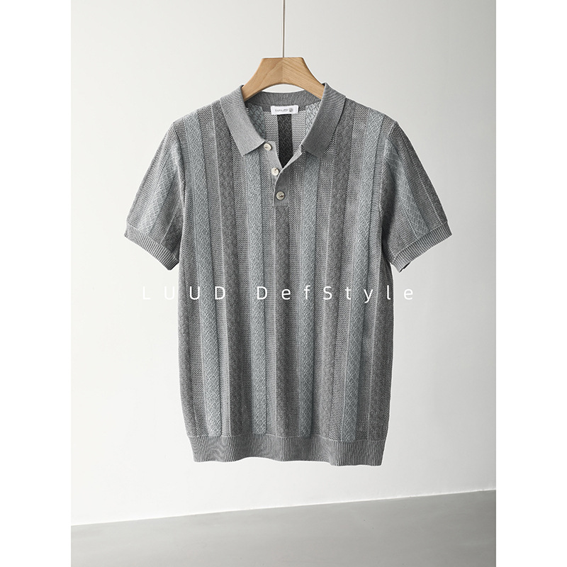 Polo camiseta de punto camiseta de manga corta camiseta de hombre solapa rayas huecas viejos vientos de alto nivel de verano fábrica transfronteriza al por mayor