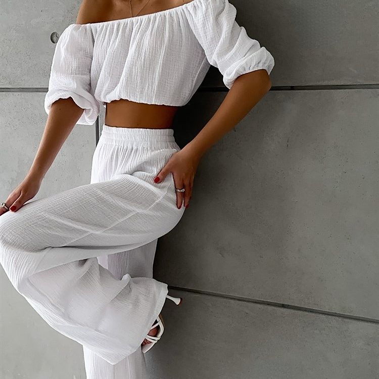 Broekset 2024 zomer één lijn hals uit taille korte bubbelmouwen top + casual rechte buisvloertorens_voghion.com