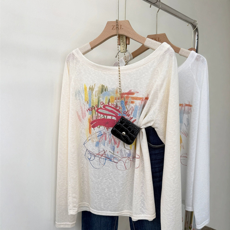 Fashionable Hand-Painted Graffiti Blouse Top for Women, Spring and Summer, Lyocell Colorful Long-Sleeve Air Conditioning Shirt, Breathable Tencel Thin T-Shirt Fashionable Hand-Painted Graffiti Blouse Top for Women, Spring and Summer, Lyocell Colorful Long-Sleeve Air Conditioning Shirt, Breathable Tencel Thin T-Shirt